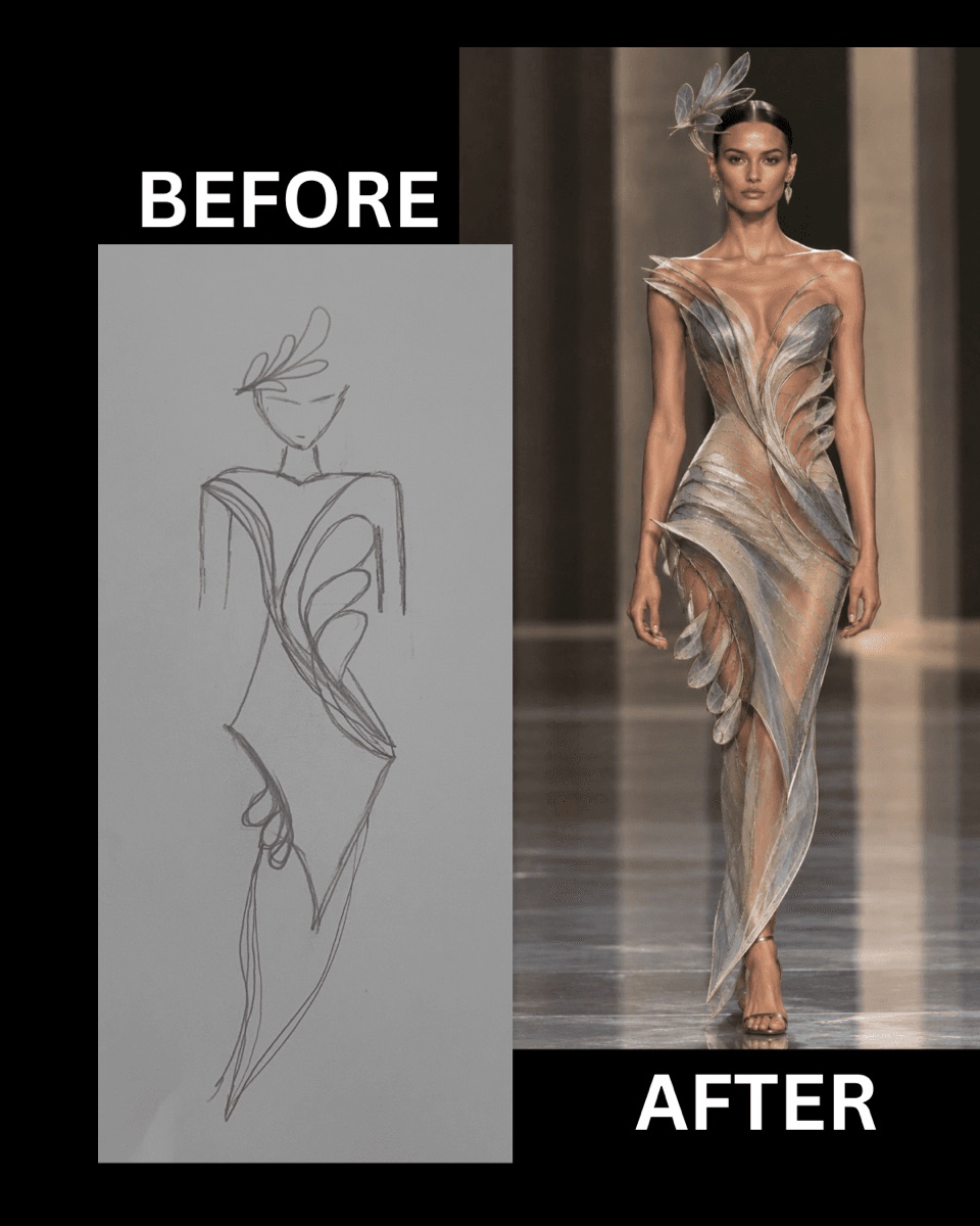 Before and after: a pencil fashion sketch and the finished look