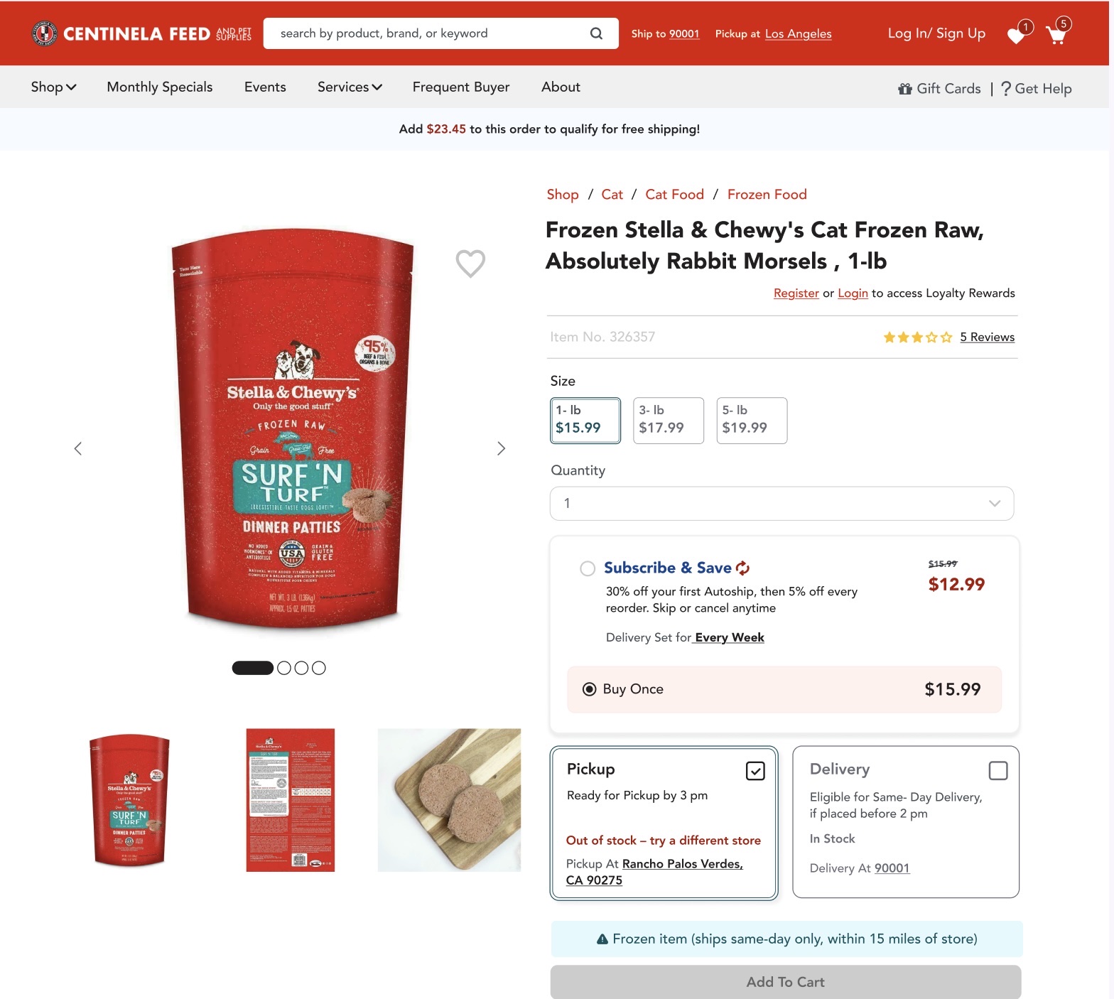 Redesigned Centinela Feed product page showing store-level stock: pickup out of stock at the chosen store, same-day delivery in stock
