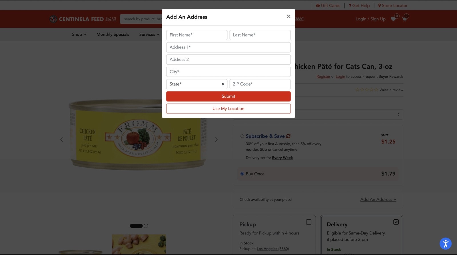Add an address modal on a product page