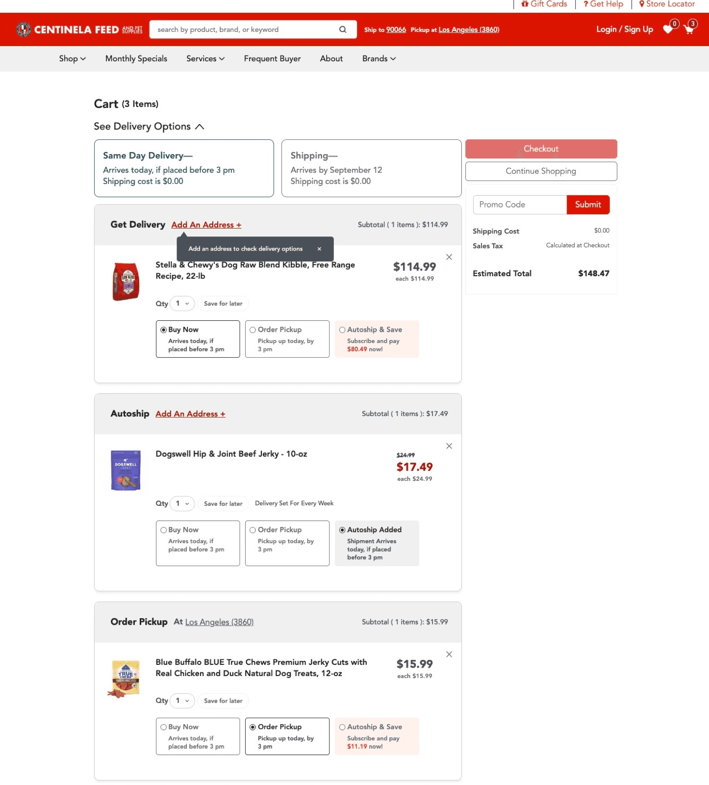 Cart with delivery, autoship and pickup groups