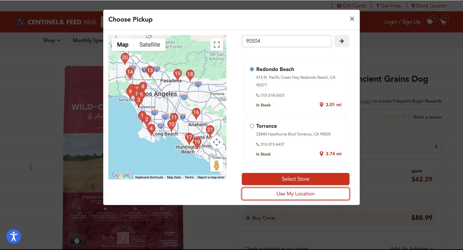 Store pickup chooser with a map of nearby stores