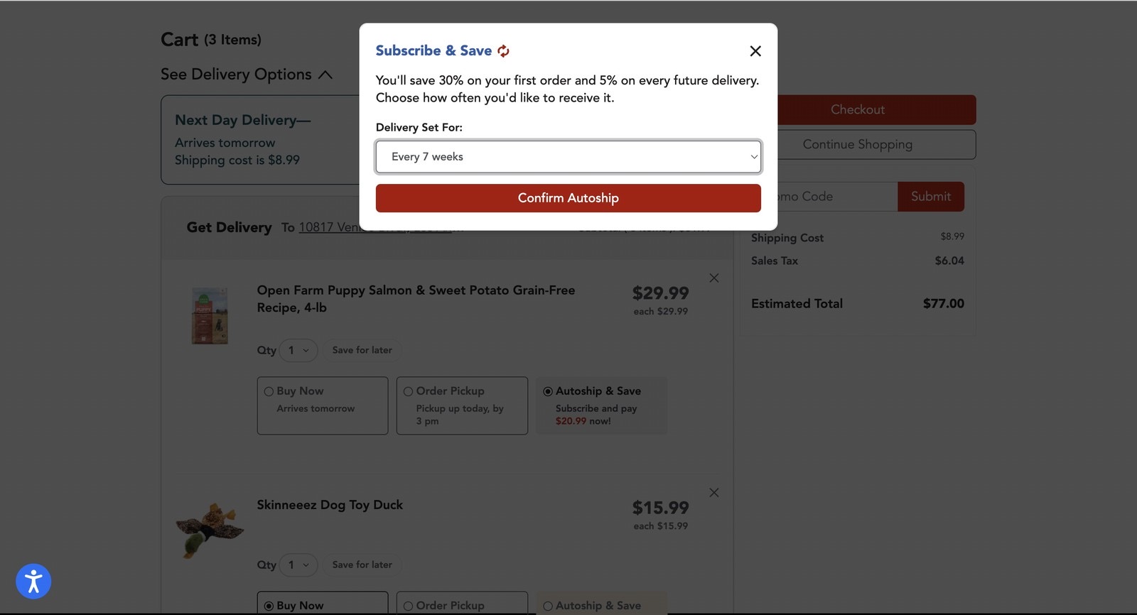 Subscribe and save modal for setting up an Autoship