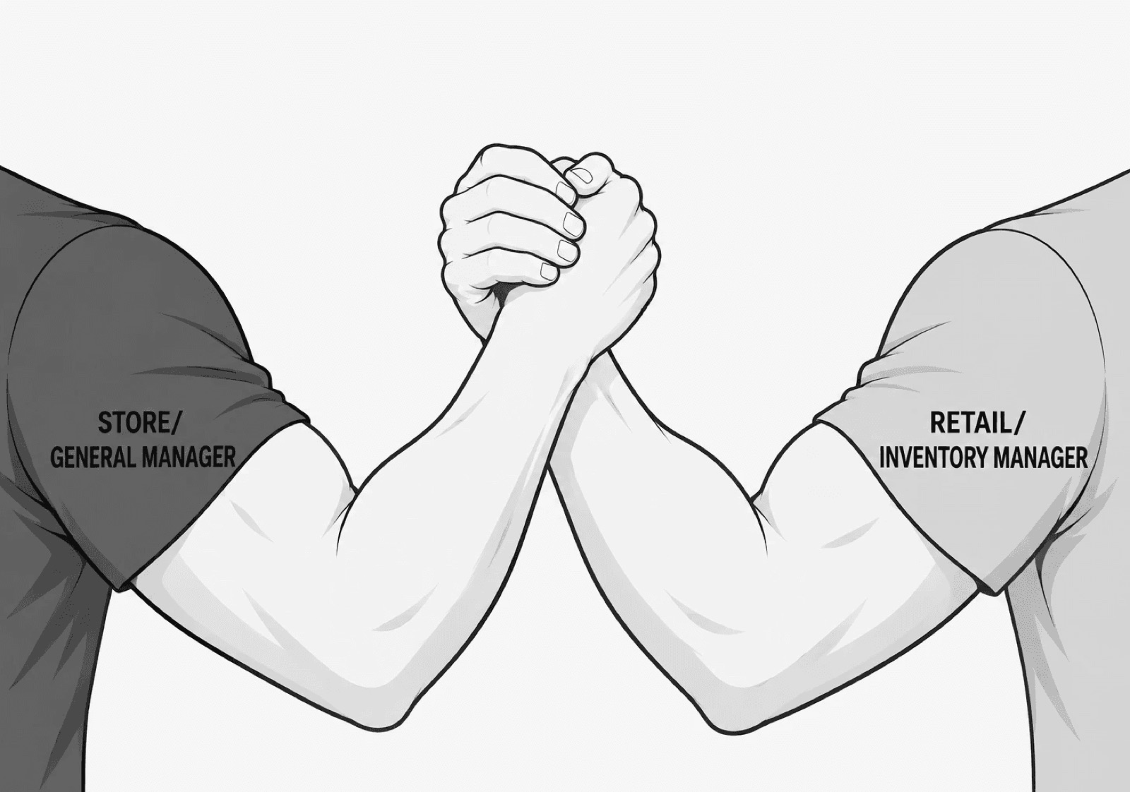 Illustration of two arms clasped, labelled store general manager and retail inventory manager
