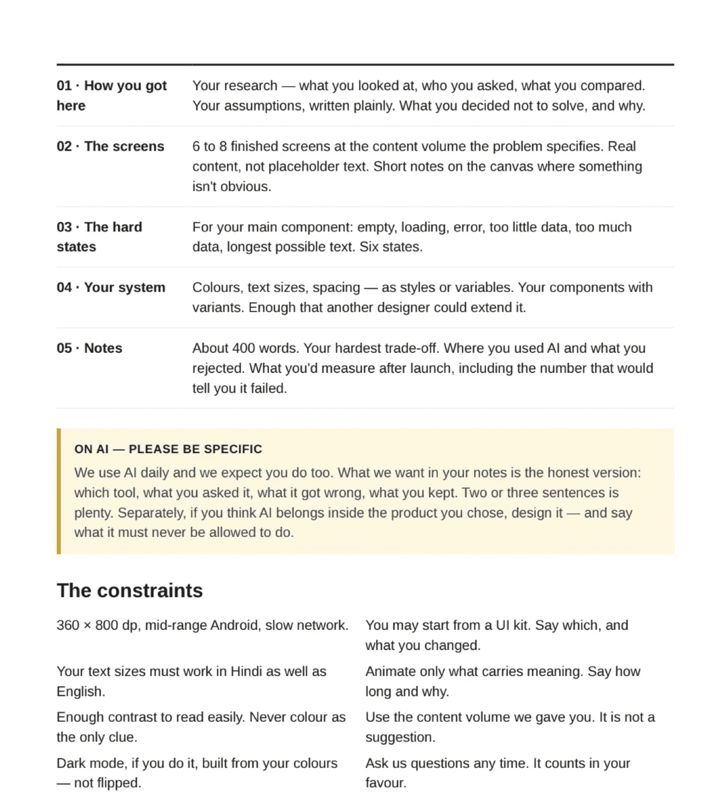 Design assignment brief, page 2: deliverables and constraints