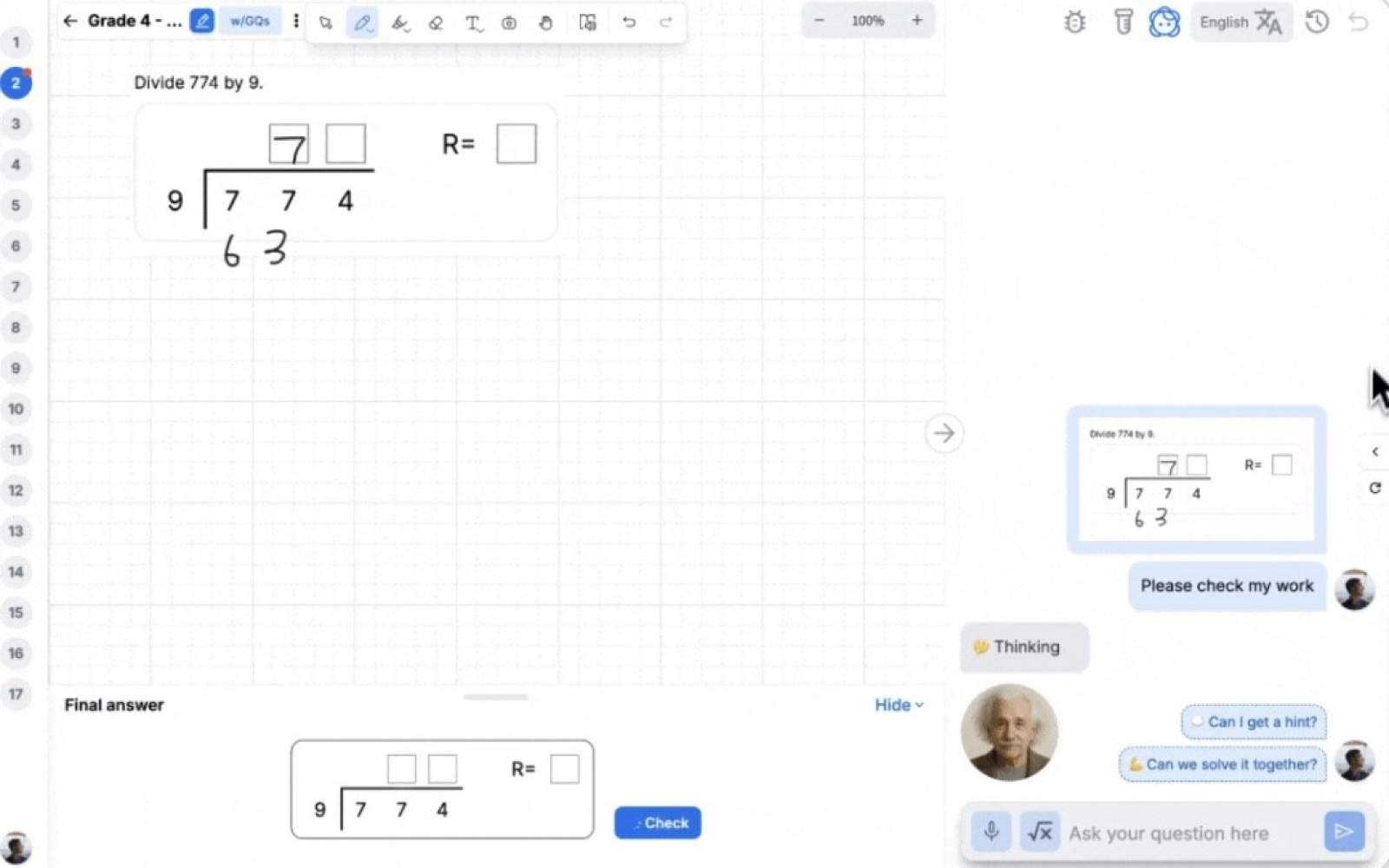 An earlier tutor session: a long-division problem on a grid, with a persona tutor chatting in the corner
