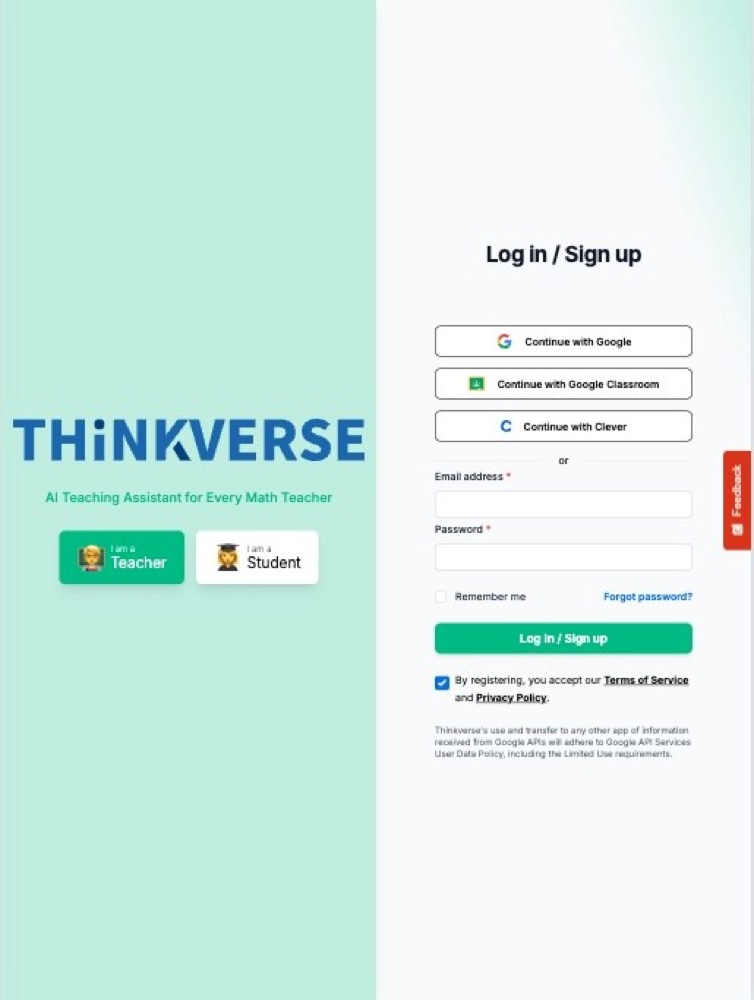 Thinkverse login and sign-up screen with teacher and student entry points
