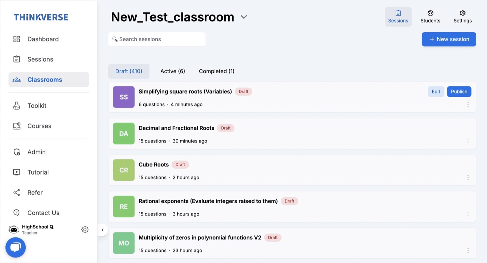 Teacher classroom view listing sessions with draft, active and completed states
