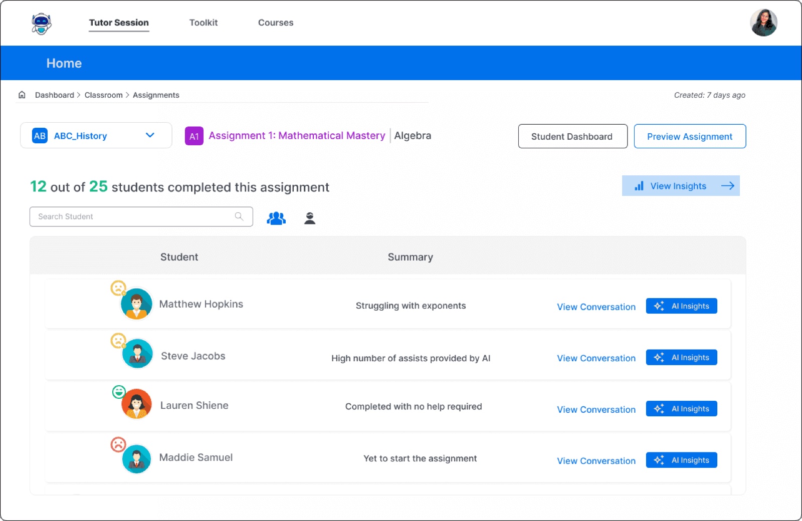 Assignment view showing how each student is progressing