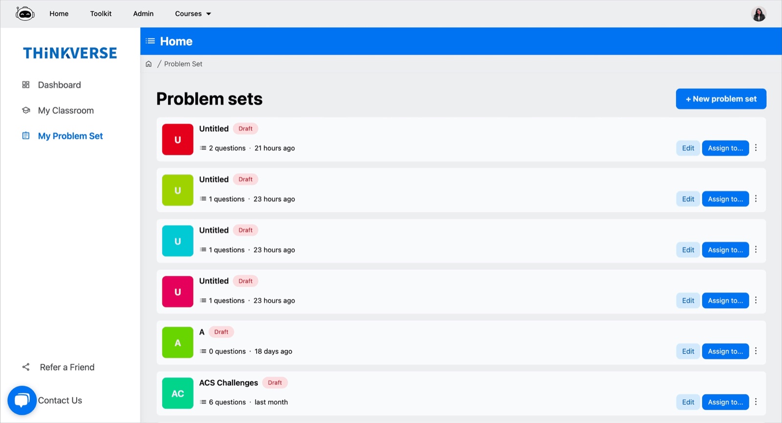Problem sets list with assign actions