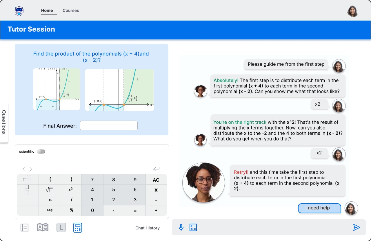 Thinkverse tutor session: a polynomial problem with graphs and a calculator on the left, and a chat where the AI tutor guides the student step by step